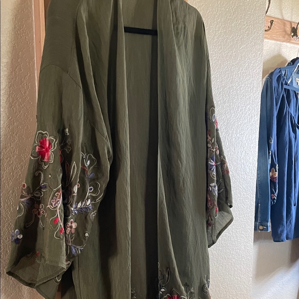 Embroidered Olive Green Kimono Jacket